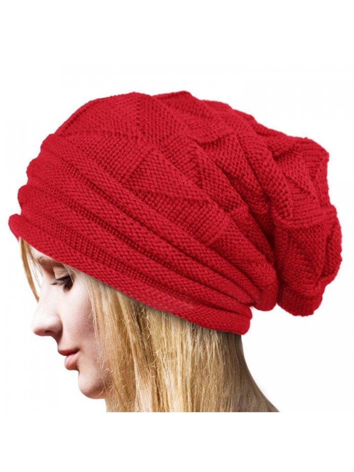 AutumnFall Women's Winter Beanie Knit Crochet Ski Hat Oversized Cap Hat Warm (Red - Polar Fleece Lining) - CP12NZV0WZR