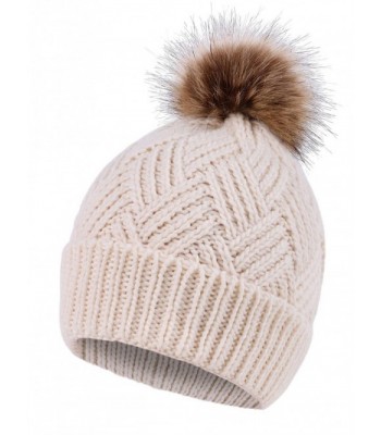 Women's Diamond Weave Knit Faux Fur Pompom Winter Beanie - Cream - CY18833R7IG