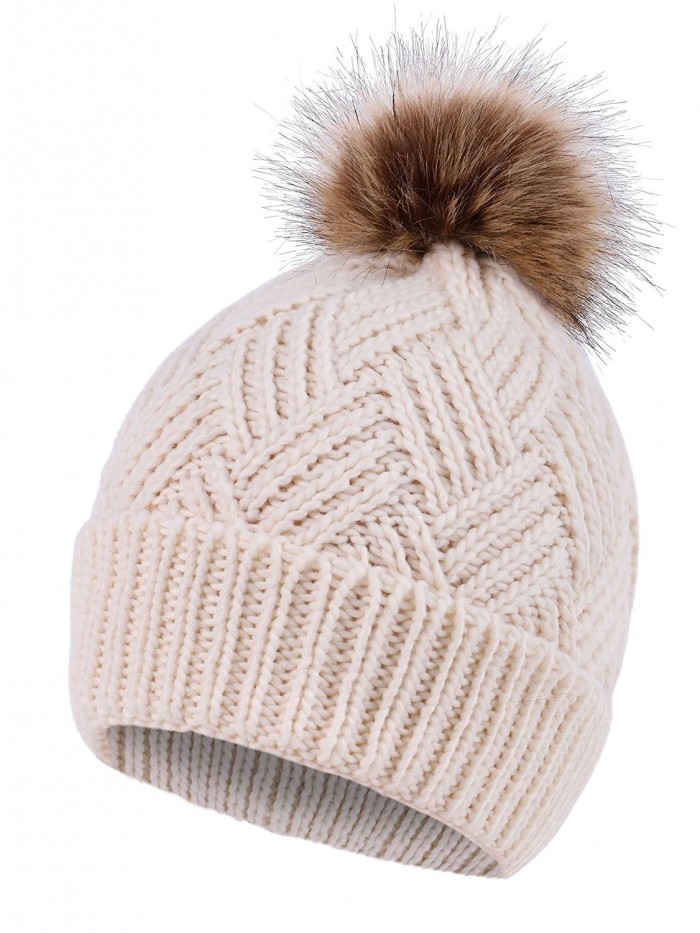 Women's Diamond Weave Knit Faux Fur Pompom Winter Beanie - Cream - CY18833R7IG