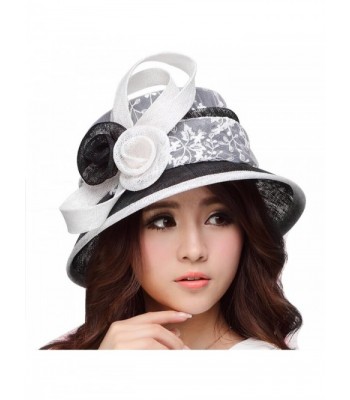 June's Young Women Hat Sinamay Summer Sun Hat Lace White Rose Flower Wide Brim - C311VLP2JTZ