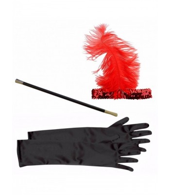 Red 20s Flapper Gangster Silver Sequin Headband + Cigarette Holder + Black Gloves - Red - CI12LJEH1W7