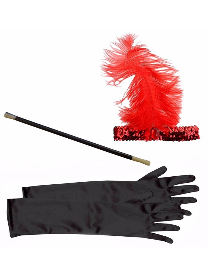 Red 20s Flapper Gangster Silver Sequin Headband + Cigarette Holder + Black Gloves - Red - CI12LJEH1W7