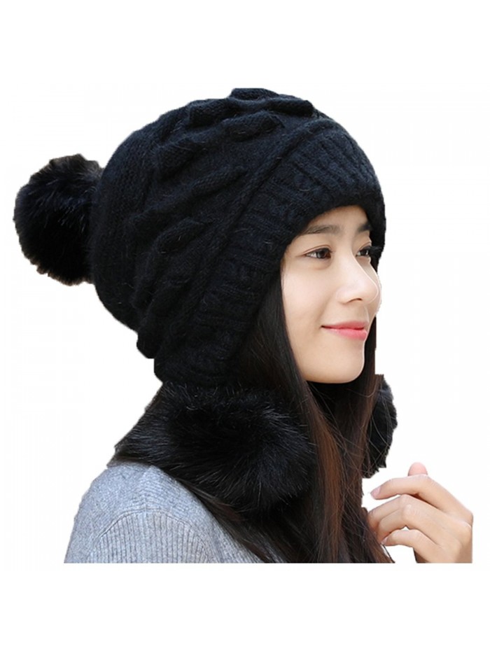 Packitcute Winter Women's Korean Cute Young Fashion Earmuffs Knitted Hat - Black - CR187MZ4O9D