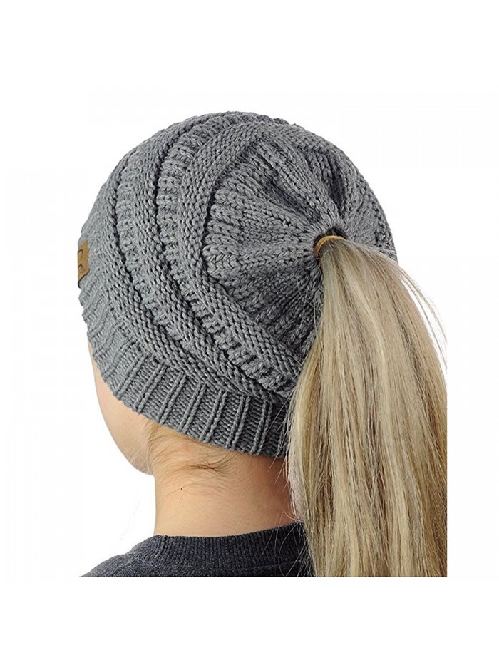 Women's Warm Cable Knitted Messy High Bun Hat Beanie With Hole For Pony Tail Skull Cap - Grey - CR188IUGY4M