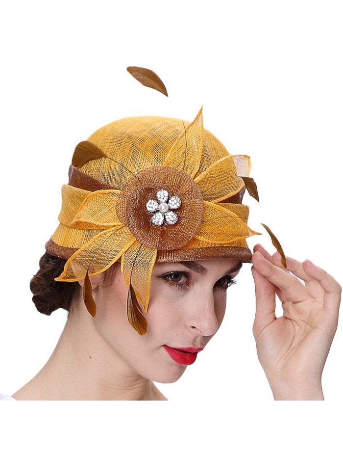 June's Young Women Hat Summer Bucket Hat Sinamay Simple Feather Brimless - Orange/Brown - CB12FZIIMK3