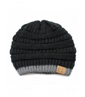 Hatsandscarf CC Cable Knit Soft Stretch Two Tone Striped Beanie Hat (HAT-57) - Black/Dk. Mel Grey - C1189NXLAU0