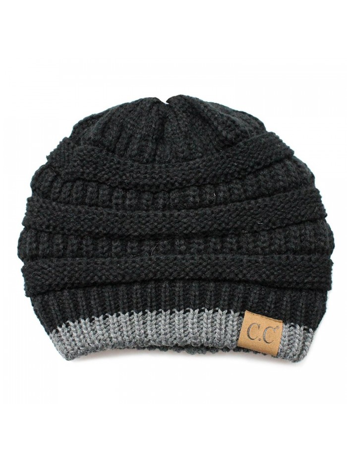 Hatsandscarf CC Cable Knit Soft Stretch Two Tone Striped Beanie Hat (HAT-57) - Black/Dk. Mel Grey - C1189NXLAU0
