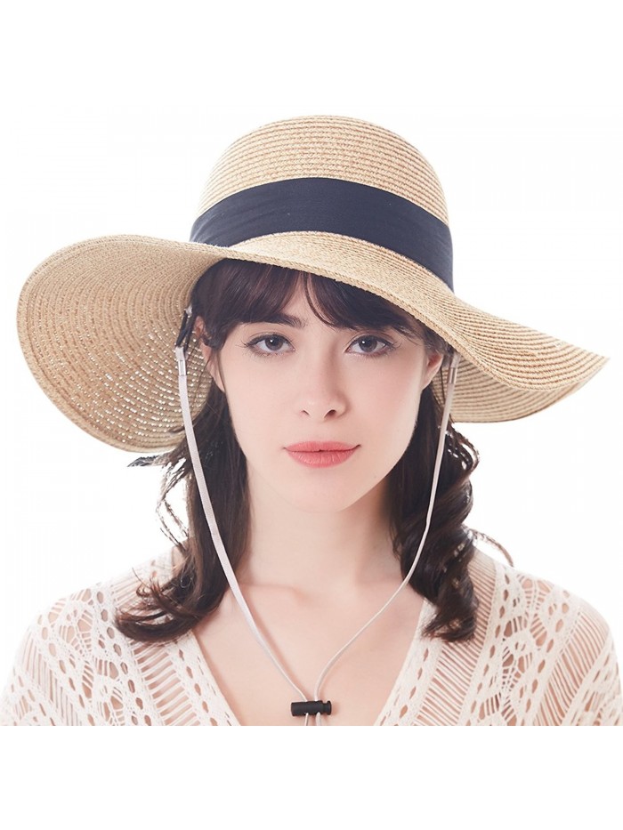 Sun Women Straw Hat UPF 50+ Beach Finshing Hats for Women Bucket Hat with Neck Cord - Wide Brim-beige - CQ180RLCT2N