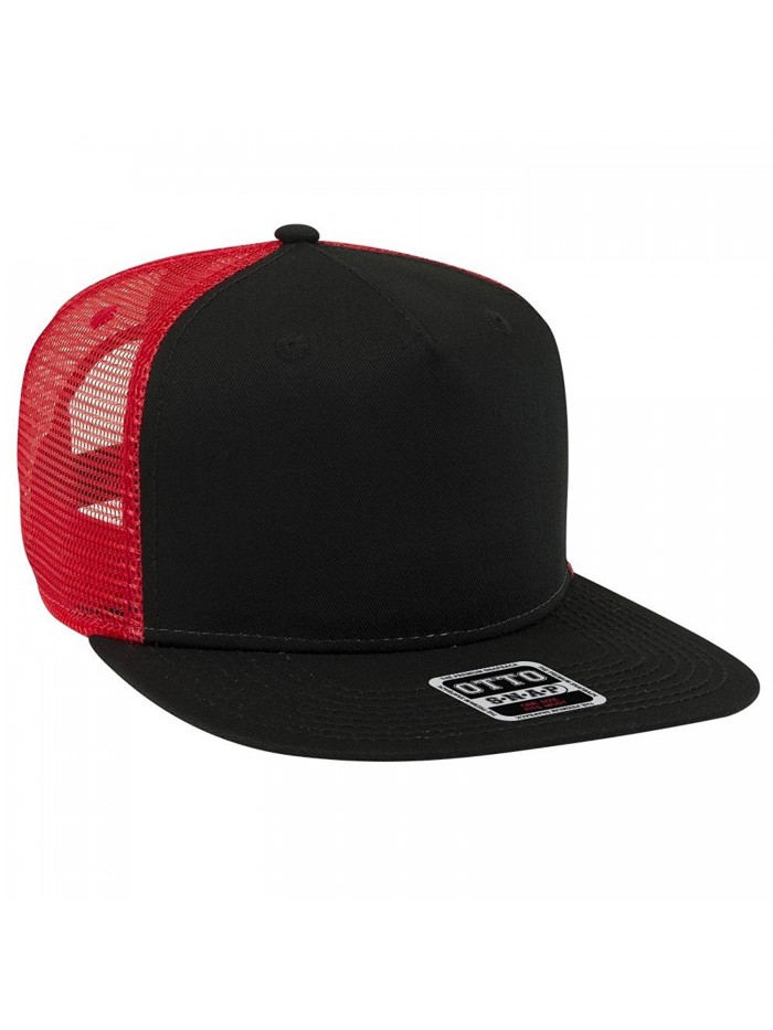 Otto Square Flat Visor Otto Snap 5 Panel Mesh Back Trucker Snapback Hat - Blk/Blk/Red - C912NTYH4L8