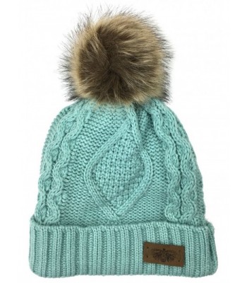 Plum Feathers Soft Thick Faux Fur Pom Pom Fleece Lined Skull Cap Cuff Beanie - Mint Cable - CS1805DCD87