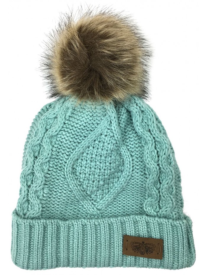 Plum Feathers Soft Thick Faux Fur Pom Pom Fleece Lined Skull Cap Cuff Beanie - Mint Cable - CS1805DCD87