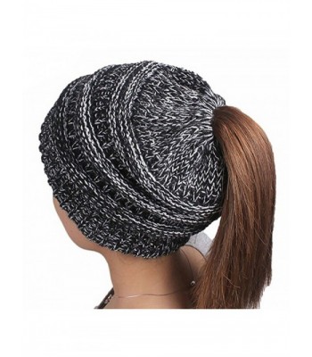 Kranchungel Unisex Soft Stretch Cable Knit BeanieTail High Bun Ponytail Beanie Hat Cap Winter Gifts - Black White - CE188QU0RWM