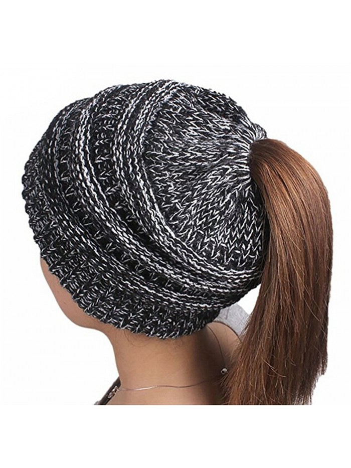 Kranchungel Unisex Soft Stretch Cable Knit BeanieTail High Bun Ponytail Beanie Hat Cap Winter Gifts - Black White - CE188QU0RWM