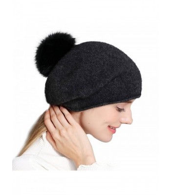 Cashmere Womens Winter Beret Beanie Hat Slouch Baggy Knit Fox Fur Pom Pom Hat - Hat With Pom Pom - CZ18536R5Y2