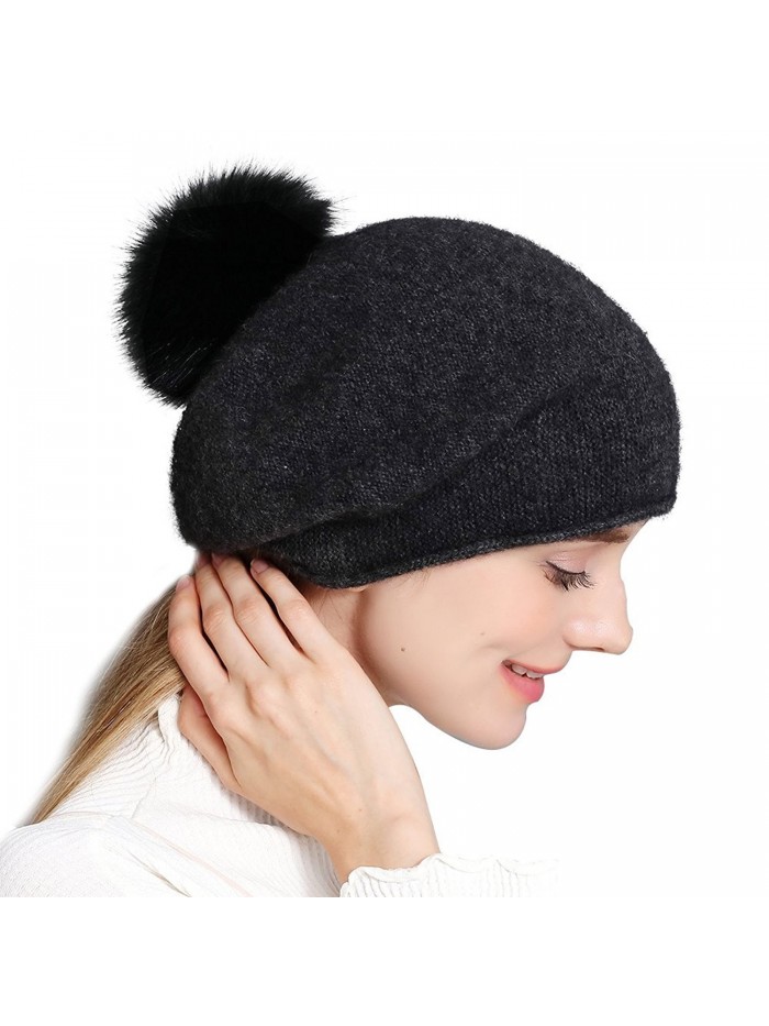 Cashmere Womens Winter Beret Beanie Hat Slouch Baggy Knit Fox Fur Pom Pom Hat - Hat With Pom Pom - CZ18536R5Y2