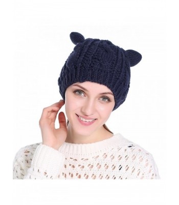Connia Women Wool Knit Cap Cat Ear Hedging Head Hat Beanie Cap Warm Outdoor Fashion Hat - Navy - CG1895SYHZC
