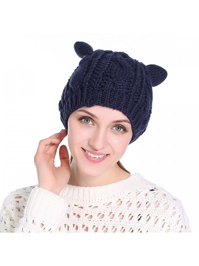 Connia Women Wool Knit Cap Cat Ear Hedging Head Hat Beanie Cap Warm Outdoor Fashion Hat - Navy - CG1895SYHZC