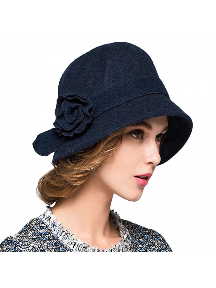 Maitose Women's Wool Felt Flowers Church Bowler Hats - Blue - C41293EZQB3