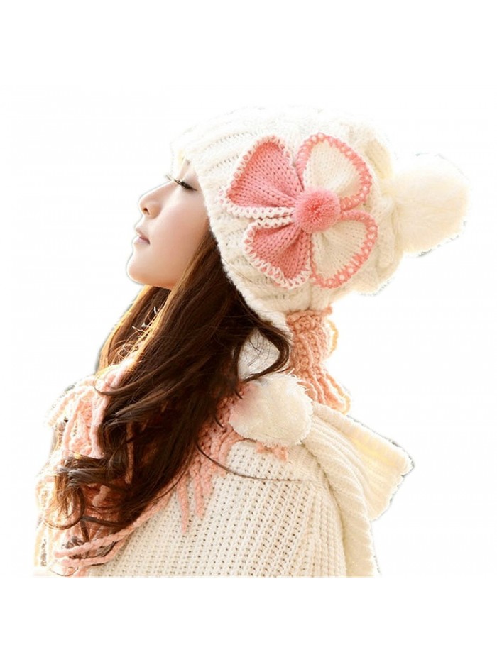 Dealzip Inc Sweet Four-leaf Clover Design Winter Warm Knitted Hat Cap For Women Girls - White - CU11PQA82RN