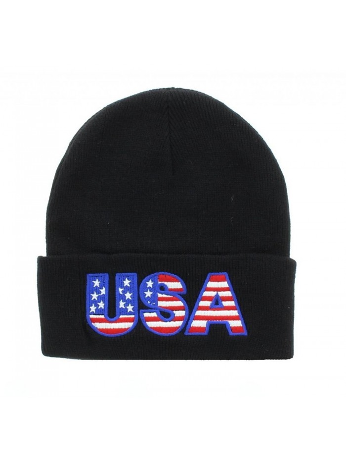 USA Flag Graphic Embroidered Beanie - Black - CB11TEYSY7V