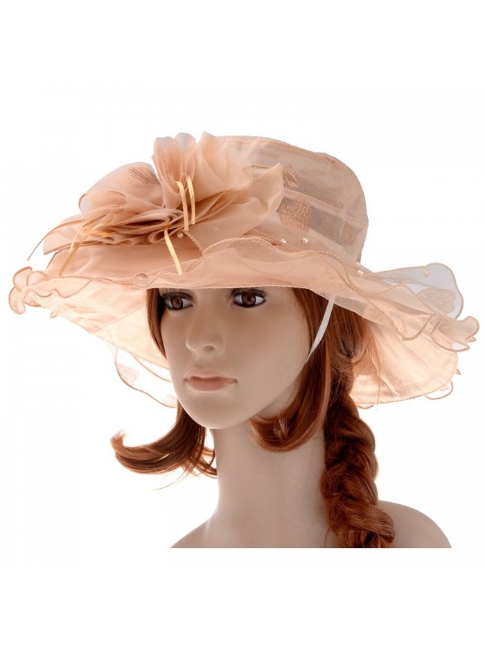 VBIGER Women's Kentucky Derby Hat Large Brim Chiffon Lace Flounce Sun Hats - Khaki - C611X42UPGR