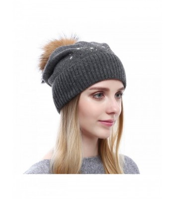 Vemolla Womens Beanie Knitted Wool Hats With Raccoon Fur Pom Pom - Grey - CX186HLMY5K