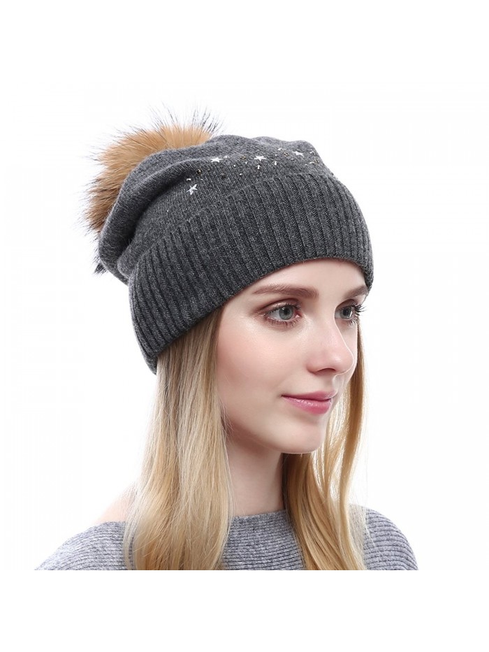 Vemolla Womens Beanie Knitted Wool Hats With Raccoon Fur Pom Pom - Grey - CX186HLMY5K