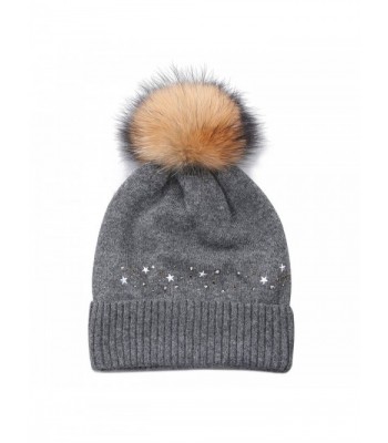 Womens Beanie Knitted Wool Hats With Raccoon Fur Pom Pom - Grey ...