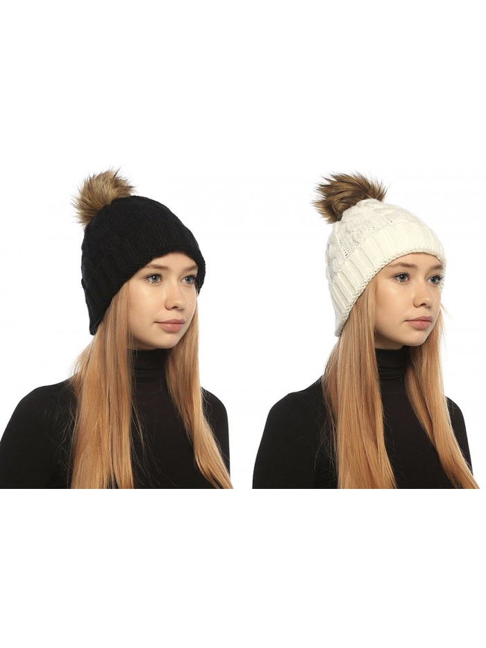 SOFT GRIP Women Cable Knit Slouchy Thick Winter Hat Beanie Pom Pom 1- 2 and 3 Pack - 2 Pack (Black & White) - CX187I0K8WS