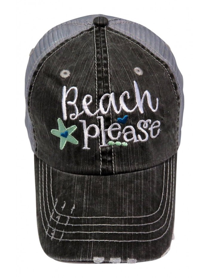 Embroidered "Beach Please" Distressed Look Grey Trucker Cap Hat - Mint - CD12ILBDY63