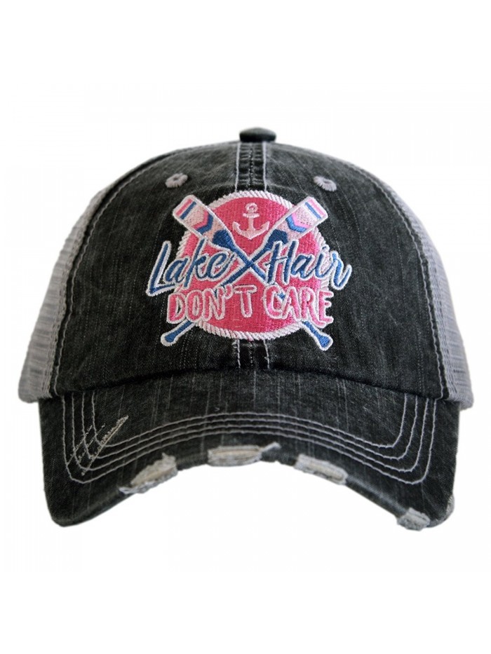Katydid Lake Hair Don't Care Women's Distressed Grey Trucker Hat with Patch - Pink - C8182SS00UK