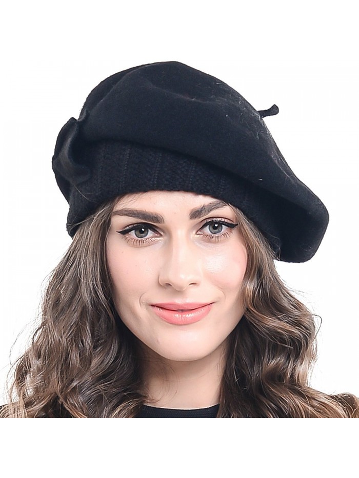 Z&S Women Wool Beret Knit Cap With Bow - Black - C4128F0IQ8L