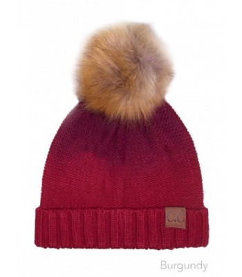 ScarvesMe CC Knitted Ombre Fold Over Faux Fur Pom Pom Beanie - Burgundy - C012K7H9LJ3