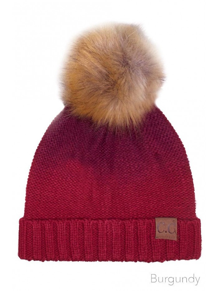 ScarvesMe CC Knitted Ombre Fold Over Faux Fur Pom Pom Beanie - Burgundy - C012K7H9LJ3