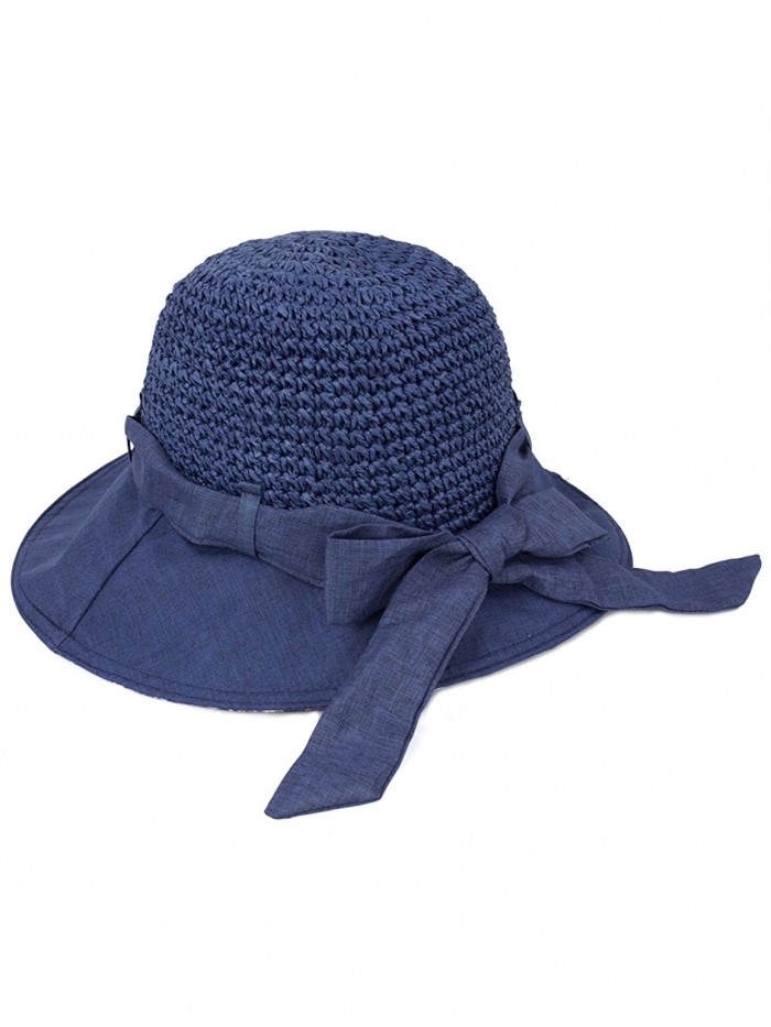 Dahlia Women's Summer Sun Hat - Stylish Crochet Wide Brim Straw Hat - Navy Blue - CJ11ZR0WW29