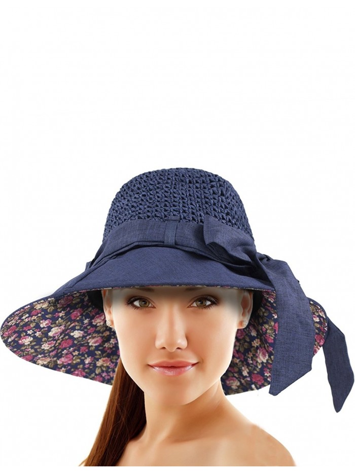 Women's Summer Sun Hat - Stylish Crochet Wide Brim Straw Hat - Navy ...