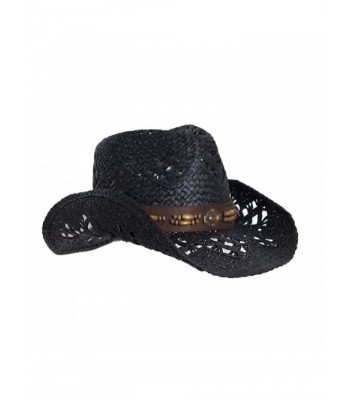 Straw Cowboy Hat W/ Vegan Leather Band & Beads- Shapeable Brim- Beach Cowgirl - Black - CT11UYA6TOD