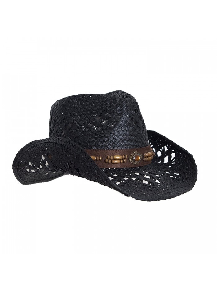 Straw Cowboy Hat W/ Vegan Leather Band & Beads- Shapeable Brim- Beach Cowgirl - Black - CT11UYA6TOD