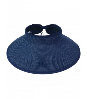 Women UPF 50+ Summer Packable Roll-Up Wide Brim Beach Sun Straw Visor Hat - Navy - CK17YLSWEIZ