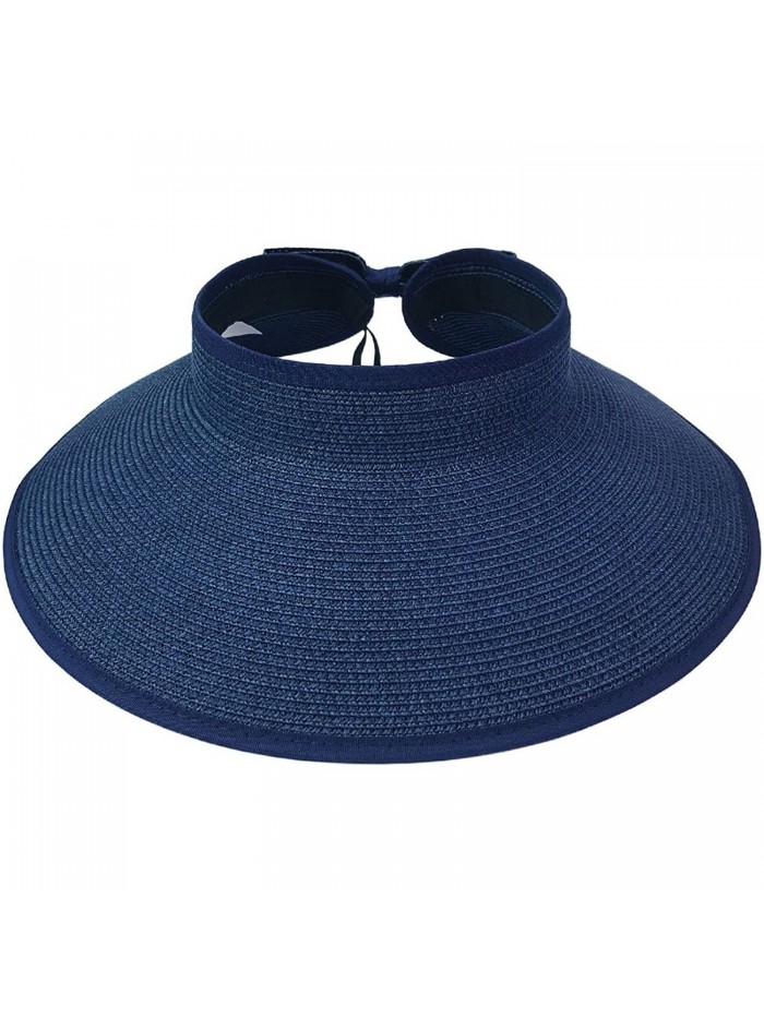 Women UPF 50+ Summer Packable Roll-Up Wide Brim Beach Sun Straw Visor Hat - Navy - CK17YLSWEIZ