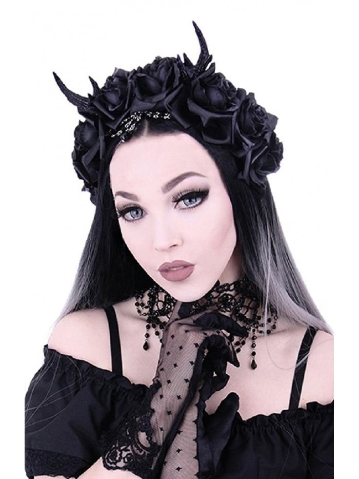 Restyle Gothic Princess Hair Garland Nu Goth Roses Antlers Headband - Black - CJ12O47X4NM