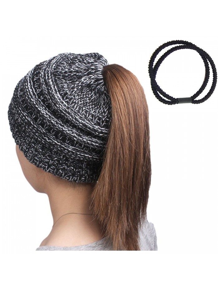 Ponytail Beanies Slouchy Crochet Skullies - Black with white - CT1884M6UEA