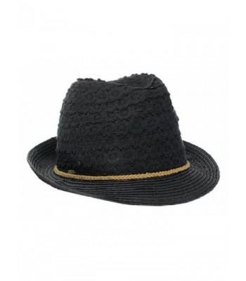 Women's Classic Brim Knit Fedora Vented Cotton Summer Beach Sun Hat - Black - CF12I8OCWFH