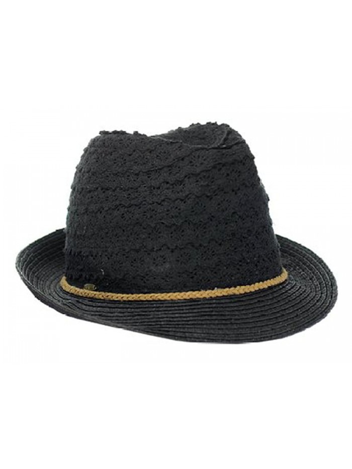 Women's Classic Brim Knit Fedora Vented Cotton Summer Beach Sun Hat - Black - CF12I8OCWFH