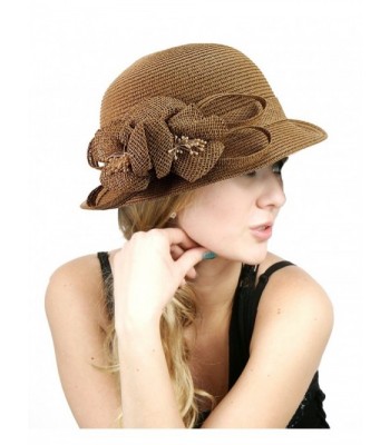 NYFASHION101 Side Flip Cloche Bucket Hat w/Woven Flower & Ribbon Accent- Coffee - CF11W826V4T