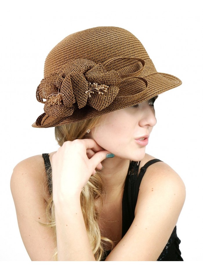 NYFASHION101 Side Flip Cloche Bucket Hat w/Woven Flower & Ribbon Accent- Coffee - CF11W826V4T