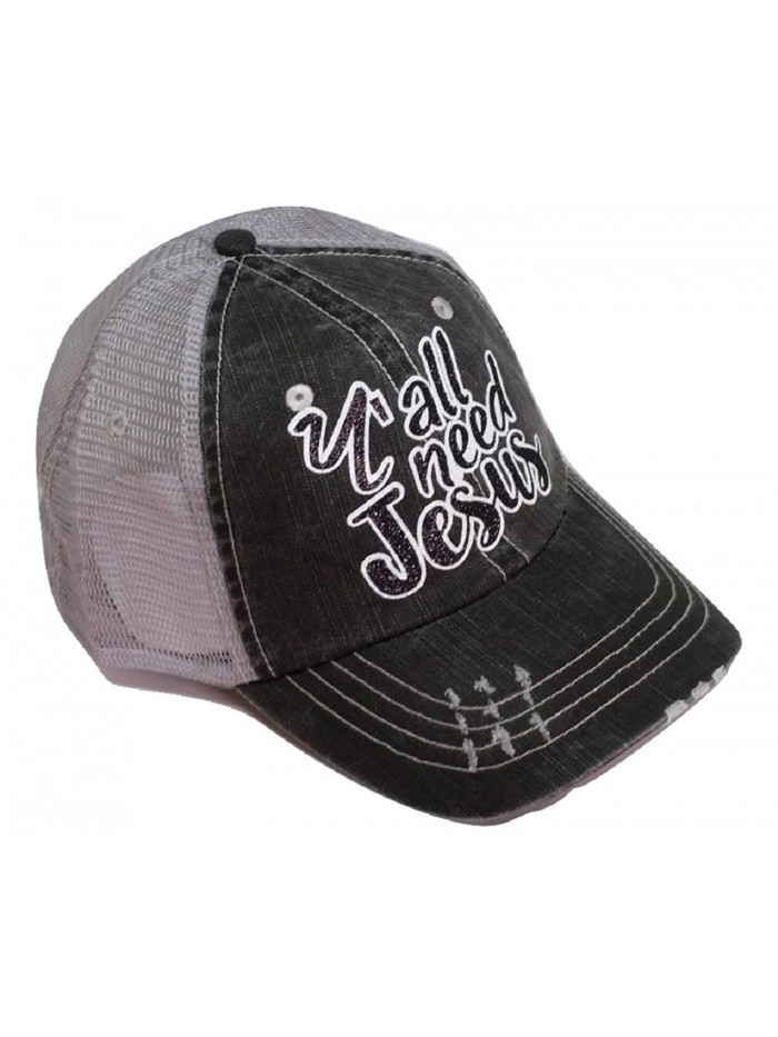 Loaded Lids Women's Y'all Need Jesus Distressed Bling Baseball Cap - White/Black - CT17AA9KLUE