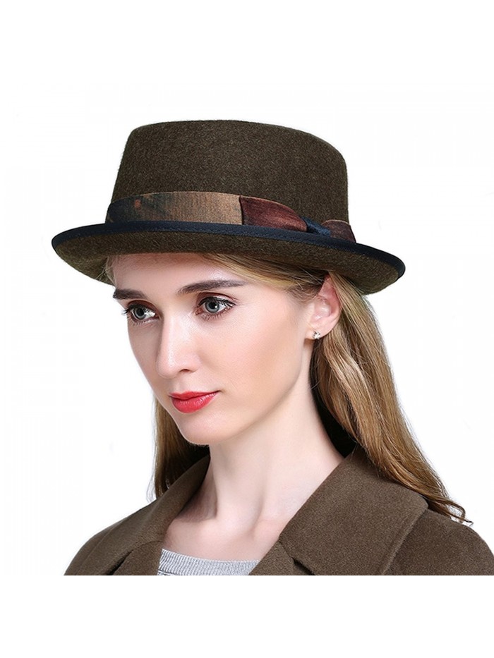 HH HOFNEN Women's Wool Felt Porkpie Fedora Hat Vintage Roll Brim Bowler Derby Hats - Coffee - C6187TK9GUN