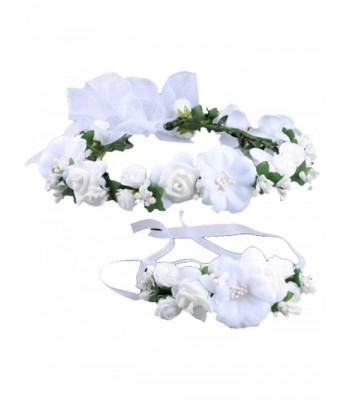 Flower Crown Wedding Hair Wreath Floral Headband Garland Wrist Band Set - White - CR12D3MDF2X