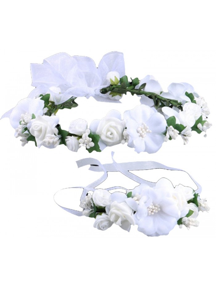 Flower Crown Wedding Hair Wreath Floral Headband Garland Wrist Band Set - White - CR12D3MDF2X